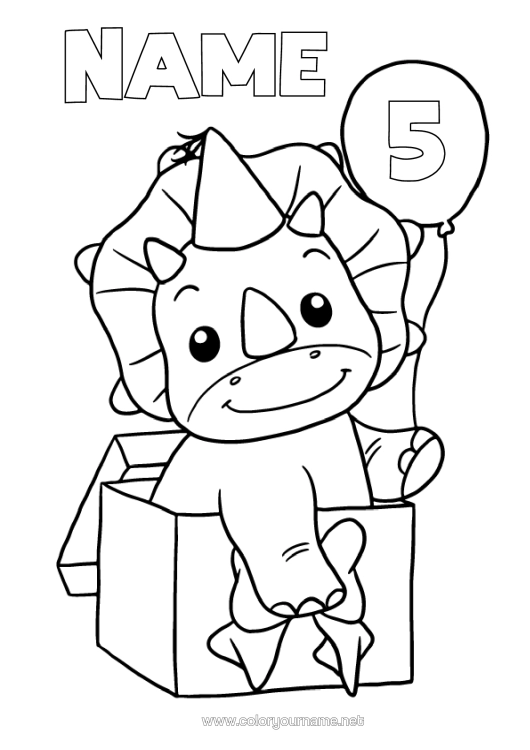 Coloring page to print Gifts Birthday Dinosaurs Balloons Triceratops Customizable Age