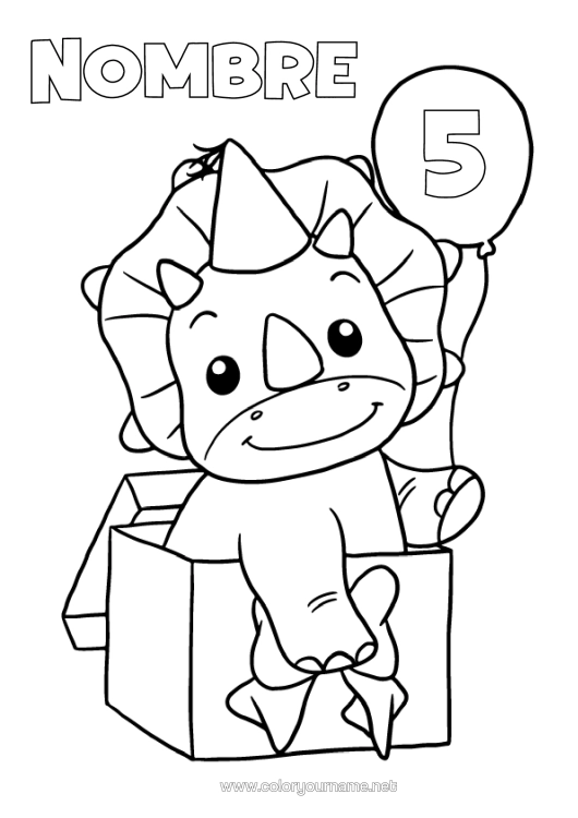 Dibujo para colorear para imprimir Regalos Cumpleaños Dinosaurios Globos Triceratops Edad Personalizable
