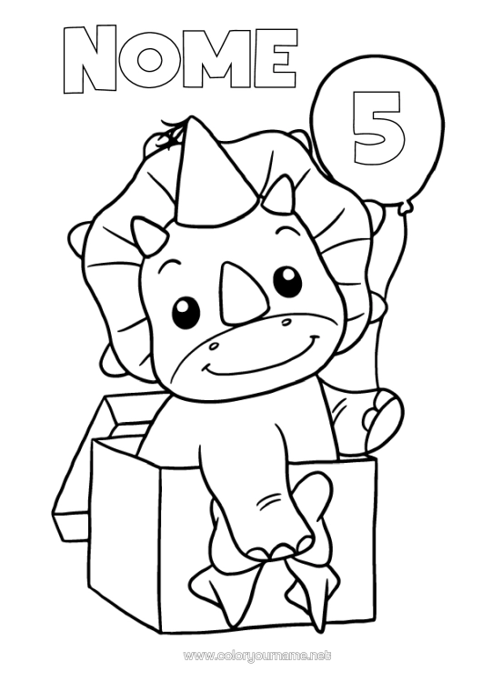 Página de desenho para imprimir Presentes Aniversário Dinossauros Bolas Tricerátopo Idade Comemorada Personalizável
