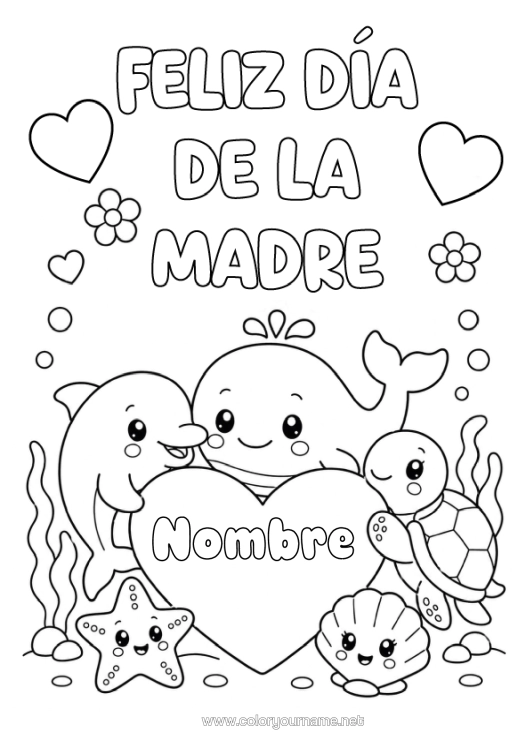 Dibujo para colorear para imprimir Corazón Mamá Feliz Día De Fiesta Fiesta Tortuga Ballena Delfín Conchas Marinas Animales Marinos O Acuáticos Reptiles Tortuga Marina