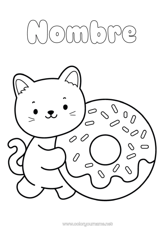 Dibujo para colorear para imprimir Lindo Cat Kawaii Donuts Perros Y Gatos