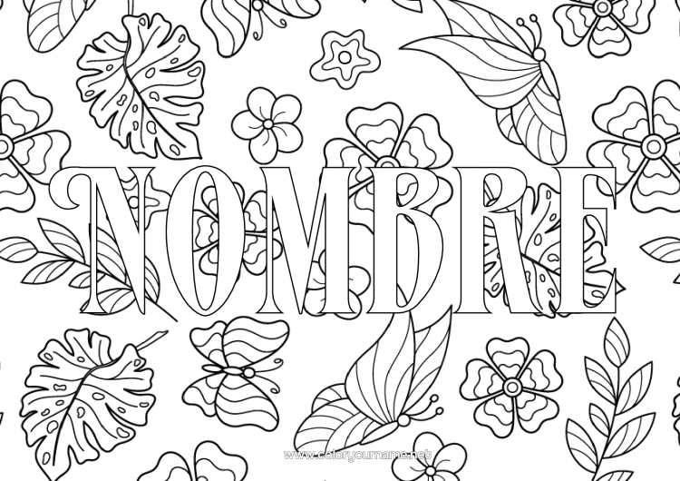 Dibujo para colorear para imprimir Flores Mariposa Hojas Trébol Insectos Fondo Decorativo