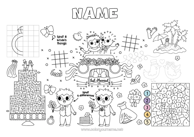 Colouring page to print Magic Colouring Books Children's Activities Ring Maze Symmetry Printable Placemat Game Of Differences Marriage Bride