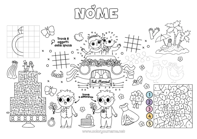 Pagina da colorare da stampare Colorare Per Numeri Attività Per Bambini Anello Labirinto Simmetria Tovaglietta Da Stampare Trova Le Differenze Matrimonio Sposata