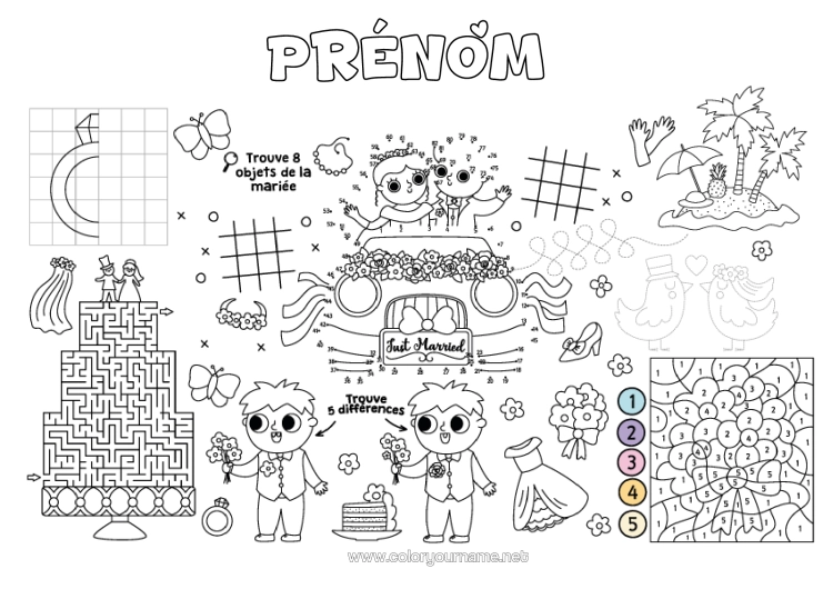 Coloriage à imprimer Coloriages Magiques Activités Enfants Bague Labyrinthe Symétrie Set De Table À Imprimer Jeu Des Différences Mariage Mariée