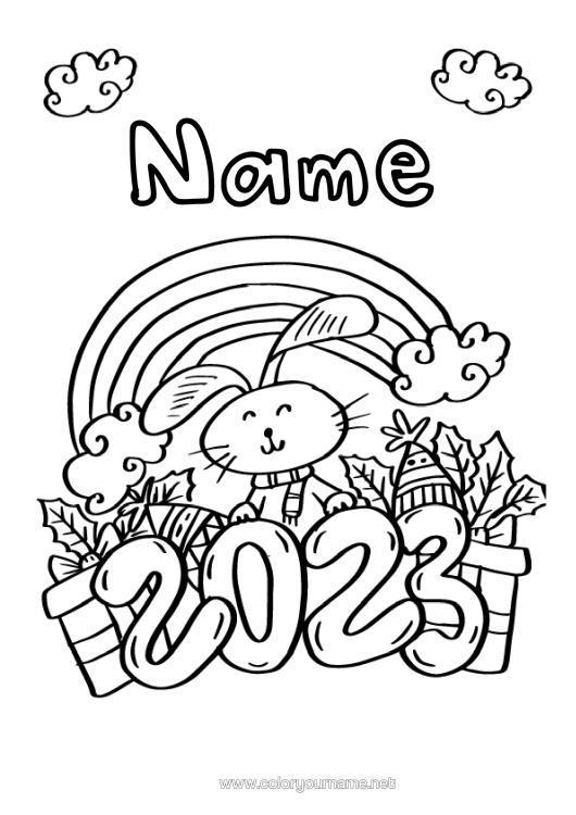Colouring page to print Rabbit 2023 Happy New Year Chinese New Year Forest Animals