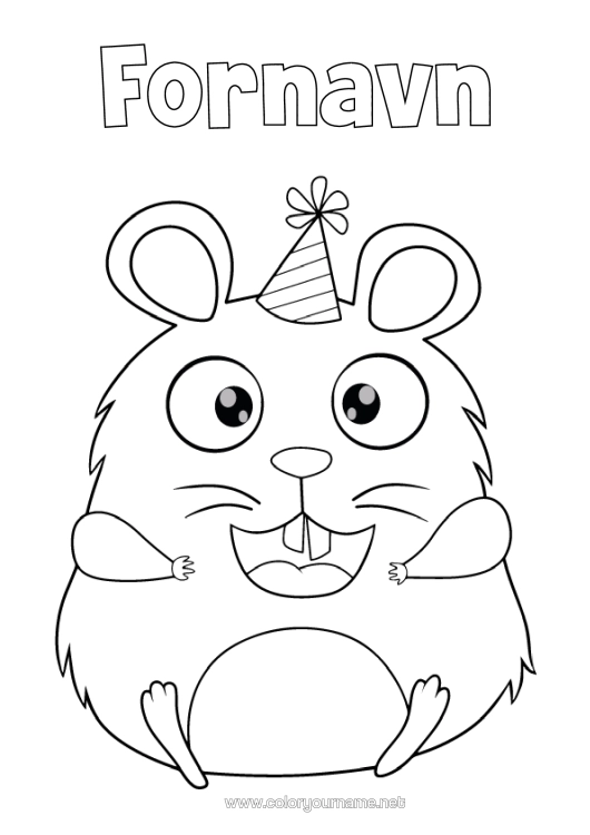 Fargeleggingssiden til utskrift Bursdag Fest Dyr Andre Dyr I Verden Tegneserie Hamster Partyhatt