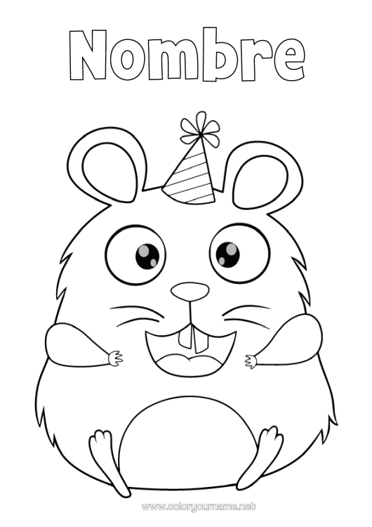 Dibujo para colorear para imprimir Cumpleaños Fiesta Animales Otros Animales Del Mundo Cartoon Hamster Gorrito De Fiesta