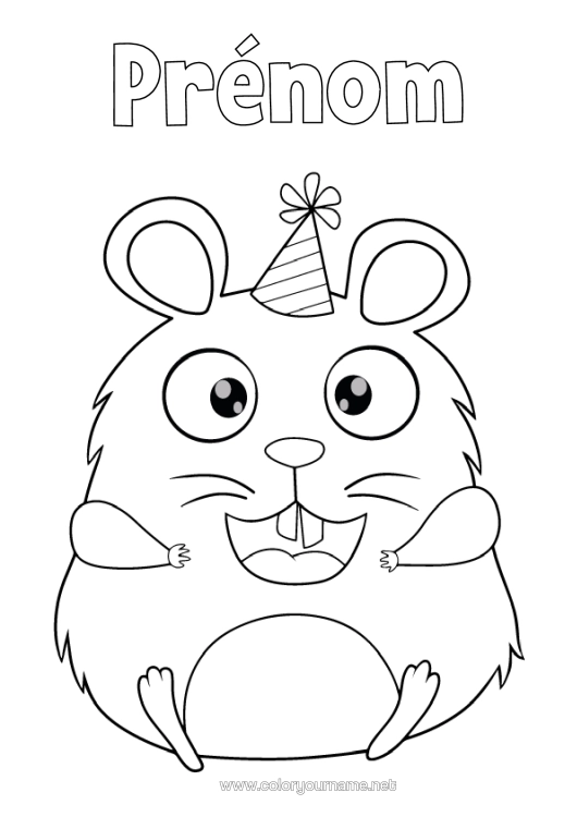 Coloriage à imprimer Anniversaire Fête Animal Autres Animaux Du Monde Cartoon Hamster Chapeau De Fête