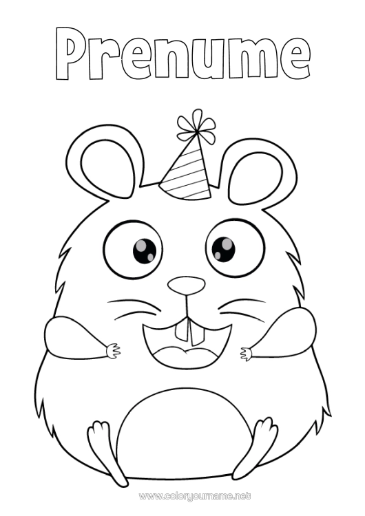 Pagină de colorat de imprimat Aniversare Sărbătoare Animal Alte Animale Din Lume Desen Animat Hamster Pălărie De Petrecere