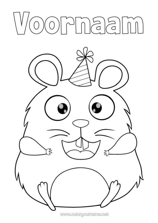 Kleurplaat om af te drukken Verjaardag Feest Dier Andere Dieren Van De Wereld Cartoon Hamster Feesthoed