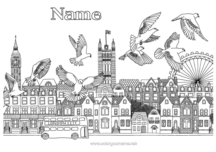 Colouring page to print London United Kingdom Bus, Car Land Public Transport Ferris Wheel City Of The World Skyline London Bus