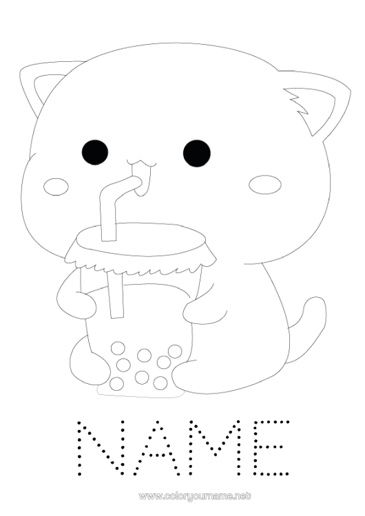 Coloring page to print Cat Children's Activities Animal Drinks Easy Coloring Pages Trace And Color Dog And Cat Bubble Tea