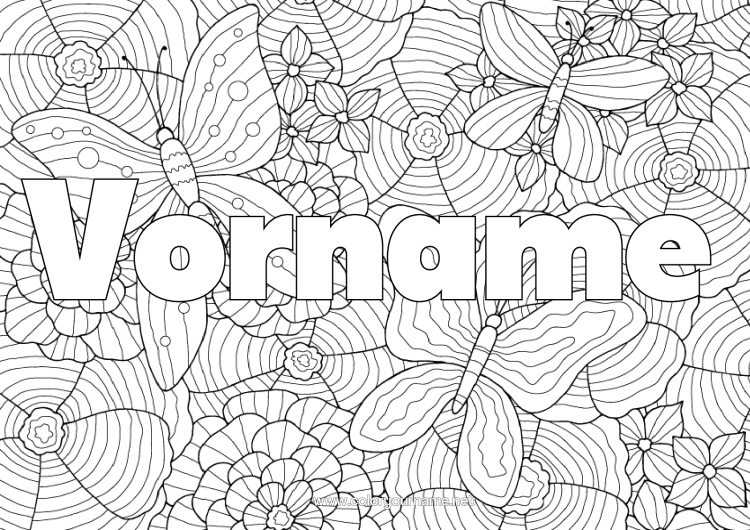 Malvorlage zum Ausdrucken Blumen Schmetterling Tier Komplexe Ausmalbilder Zentangle Insekten Dekorativer Hintergrund Mohnblume