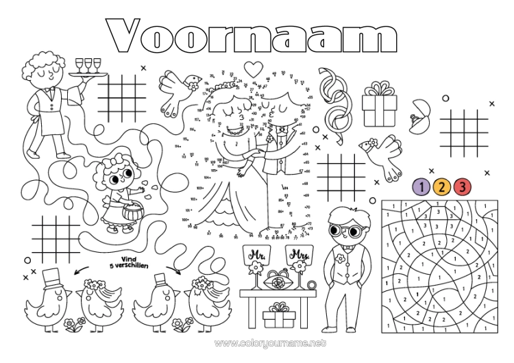 Kleurplaat om af te drukken Kleuren Op Nummer Activiteiten Voor Kinderen Ring Zoeken En Vinden Printbare Placemat Zoek De Verschillen Huwelijk Getrouwd