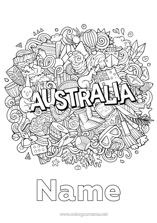 Colouring page to print Mandala Koala Flag Symbols Australia Kangaroo Animals Of Australia