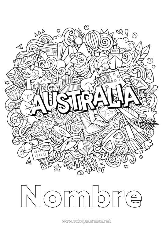 Dibujo para colorear para imprimir Mandala Koala Bandera Simbolos Australia Canguro Animales De Australia