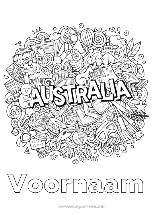 Kleurplaat om af te drukken Mandala Koala Vlag Symbolen Australië Kangoeroe Dieren Van Australië