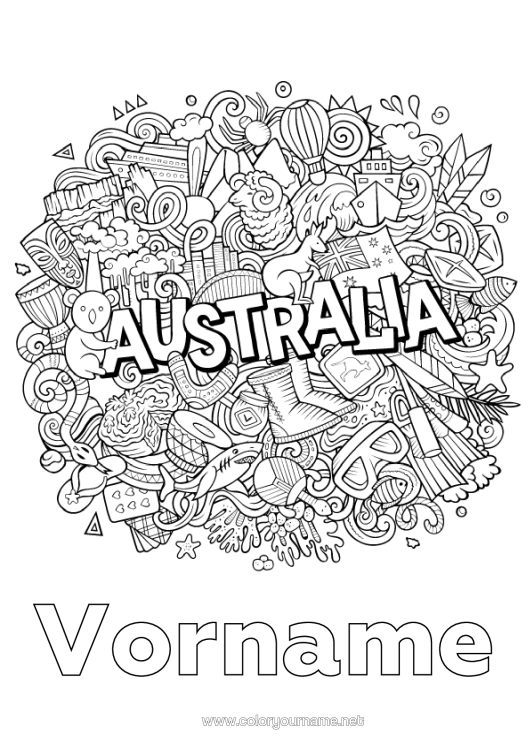 Malvorlage zum Ausdrucken Mandala Koala Flagge Symbole Australien Känguru Tiere Australiens