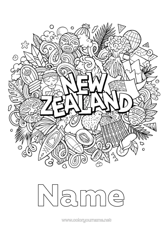 Colouring page to print Mandala Symbols Country New Zealand