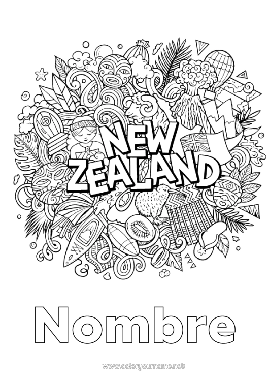 Dibujo para colorear para imprimir Mandala Simbolos País Nueva Zelanda