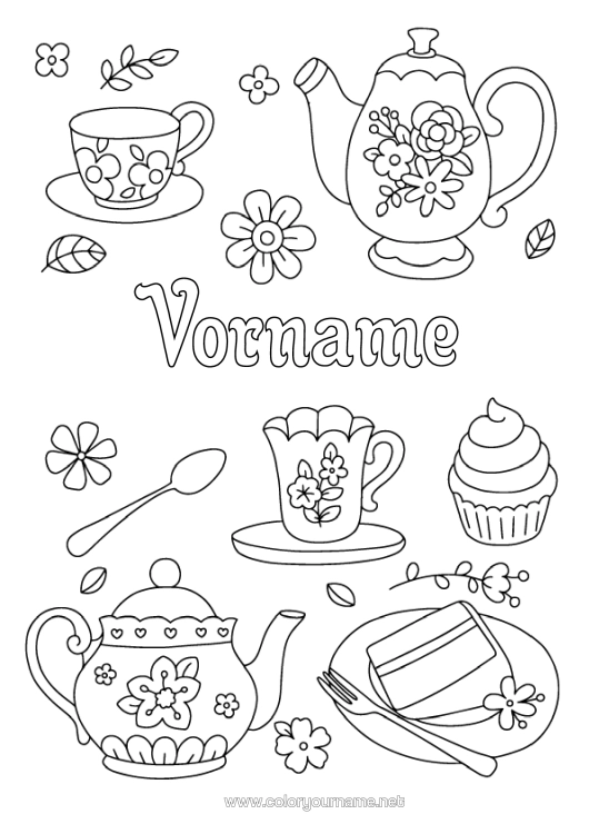 Malvorlage zum Ausdrucken Tasse Tee Getränk Teekanne