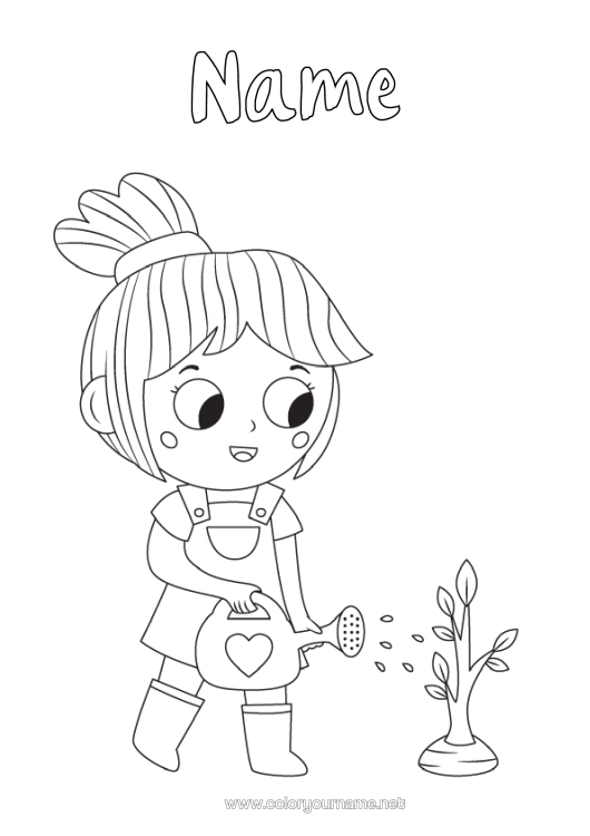 Coloring page to print Girl Watering Can Gardening