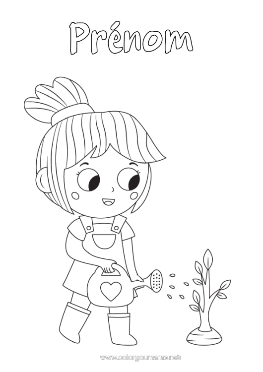 Coloriage à imprimer Fille Arrosoir Jardinage