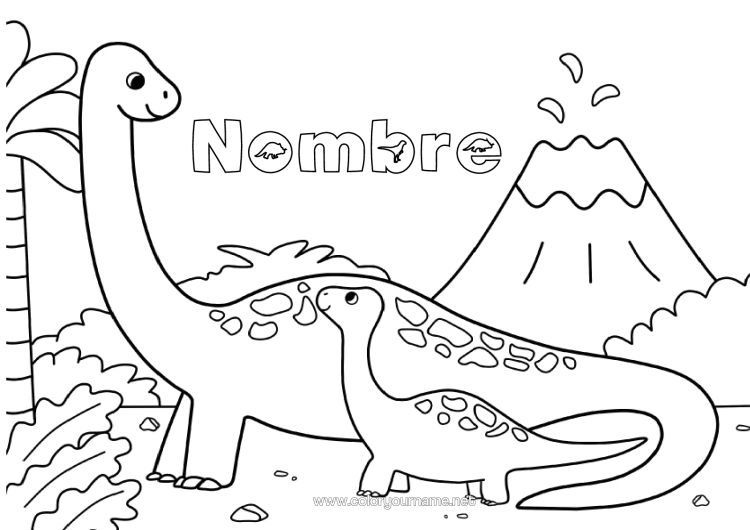 Dibujo para colorear para imprimir Dinosaurios Volcán Familia De Animales Bebé Animal