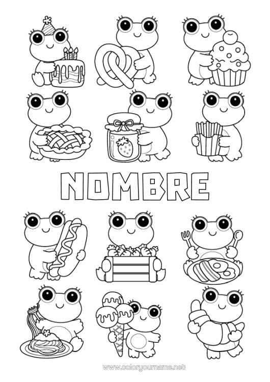 Dibujo para colorear para imprimir Tarta Kawaii Rana Animales Golosinas Helado Magdalena Animales Marinos O Acuáticos Croissant Pretzel Mermelada