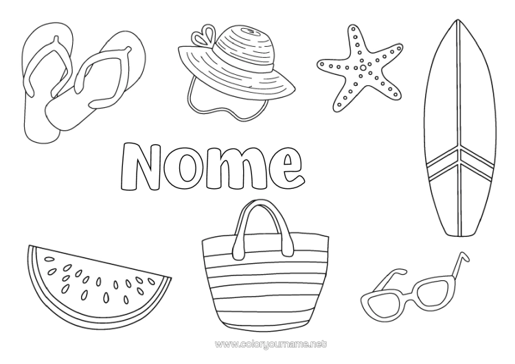 Pagina da colorare da stampare Vacanze Estate Cappello Frutta Simboli Infradito Stella Marina Surf Animali Marini O Acquatici Anguria Sport Acquatici Occhiali Da Sole