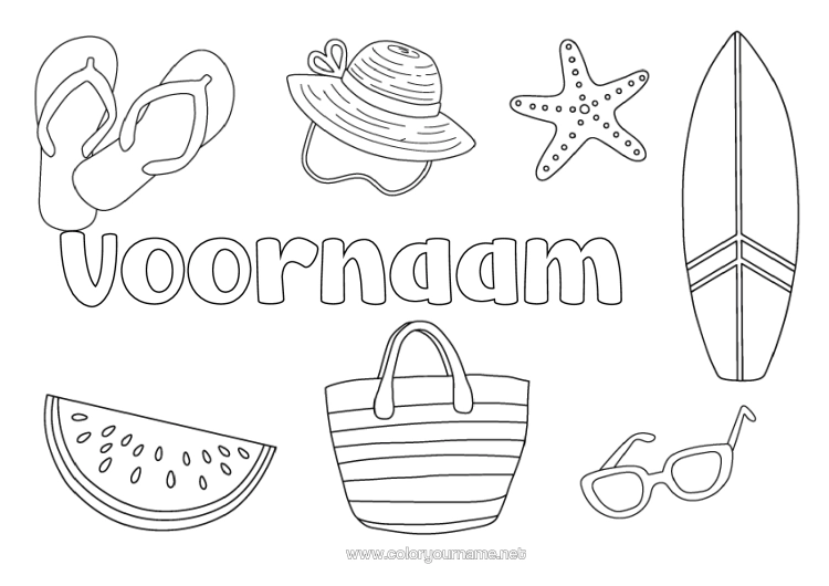 Kleurplaat om af te drukken Vakantie Zomer Hoed Fruit Symbolen Slippers Zeester Surfen Zeedieren Watermeloen Watersporten Zonnebril