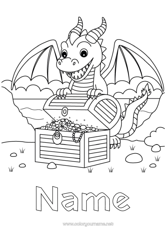 Colouring page to print Dragon Dragons, Unicorns, And Fantastical Creatures Treasure