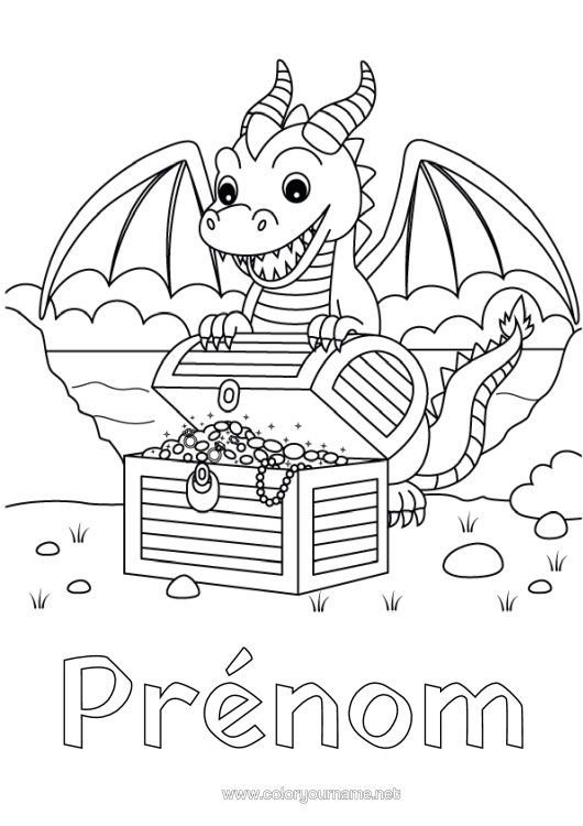 Coloriage à imprimer Dragon Dragons, Licornes Et Animaux Fantastiques Trésor