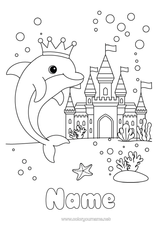 Coloring page to print Castle Sea Animal Dolphin Crown Marine Or Aquatic Animals