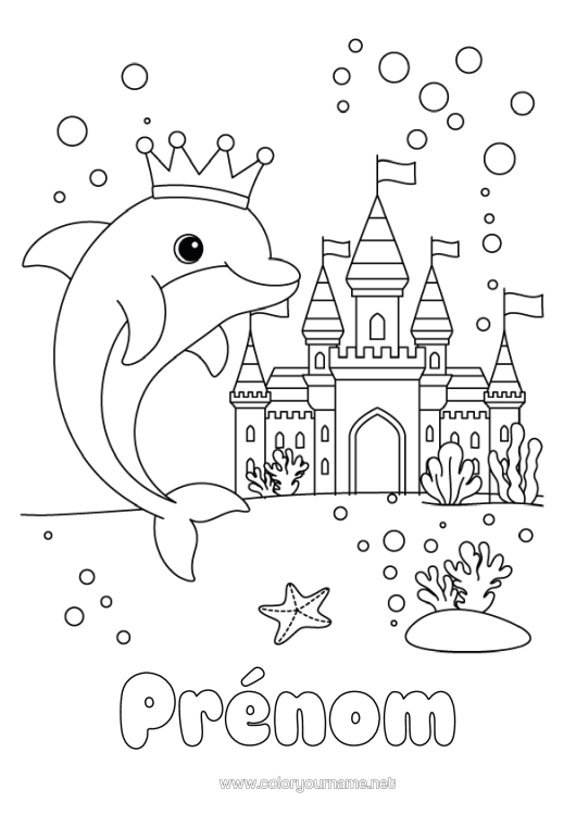 Coloriage à imprimer Château Mer Animal Dauphin Couronne Animaux Marins Ou Aquatique