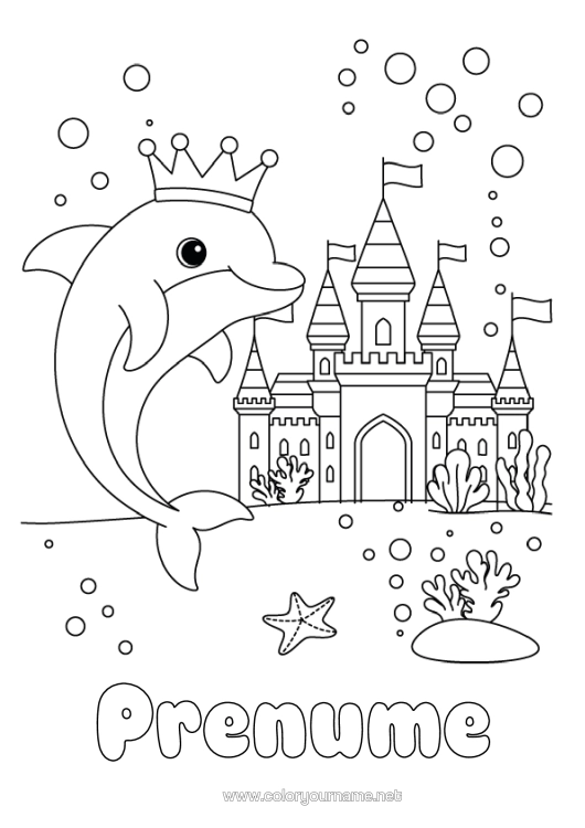 Pagină de colorat de imprimat Castel Mare Animal Delfin Coroană Animale Marine Sau Acvatice