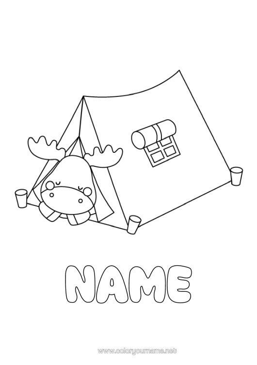 Colouring page to print Forest Animals Camping Tent Moose