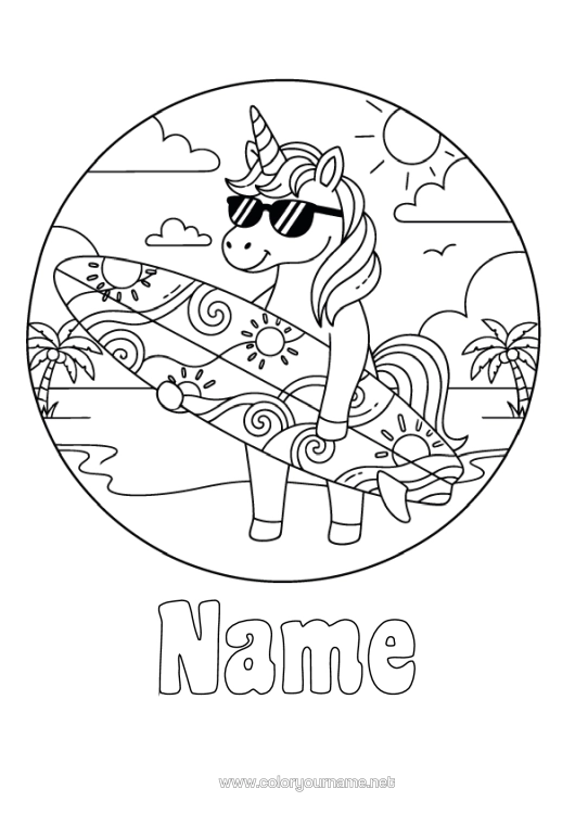Colouring page to print Sport Unicorn Animal Surfing Dragons, Unicorns, And Fantastical Creatures Water Sports Sunglasses