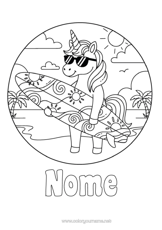 Pagina da colorare da stampare Sport Unicorno Animale Surf Draghi, Unicorni E Animali Fantastici Sport Acquatici Occhiali Da Sole