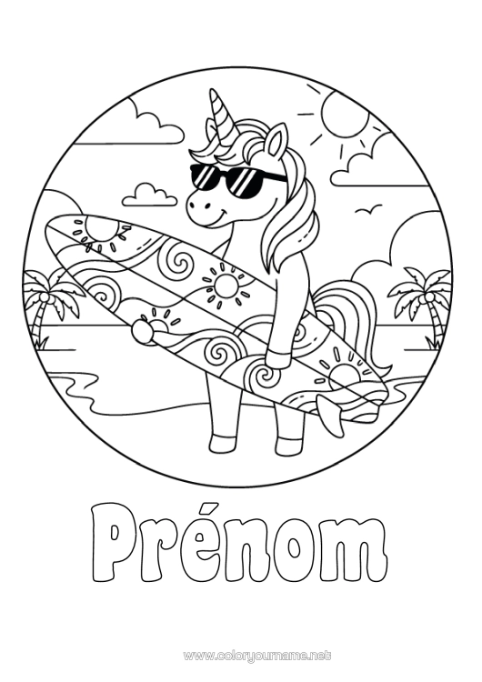 Coloriage à imprimer Sport Licorne Animal Surf Dragons, Licornes Et Animaux Fantastiques Sports Nautiques Lunettes De Soleil
