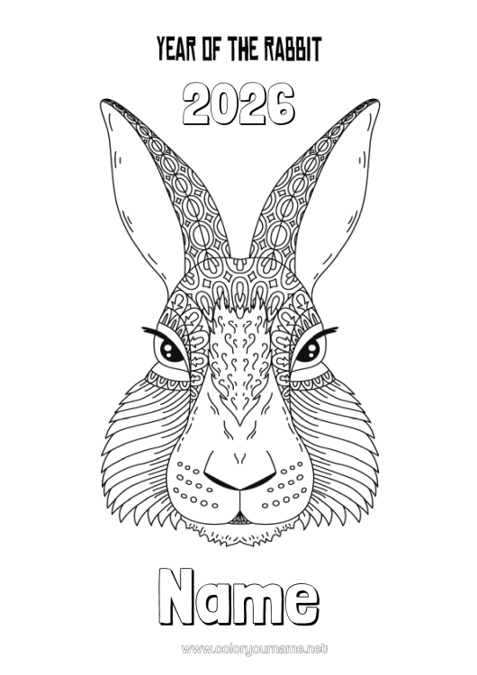 Colouring page to print Rabbit 2023 Chinese New Year Forest Animals