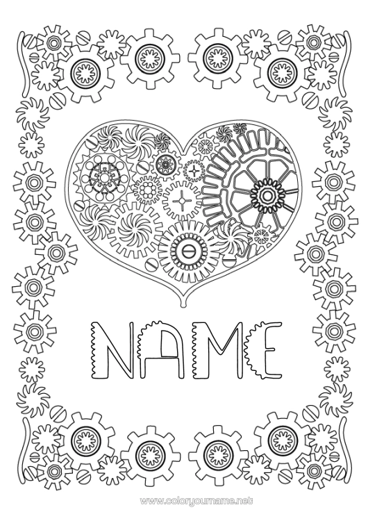 Coloring page to print Heart I Love You Complex Coloring Pages Frame Steampunk Gears