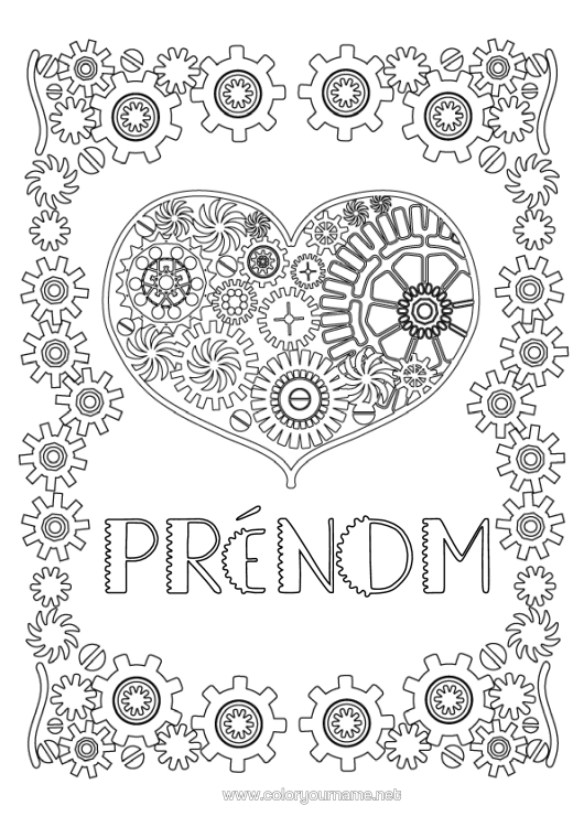 Coloriage à imprimer Coeur Je T'aime Coloriages Complexes Cadre Steampunk Engrenages