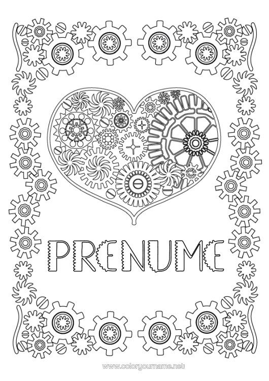 Pagină de colorat de imprimat Inimă Te Iubesc. Desene De Colorat Complexe Cadru Steampunk Roți Dințate