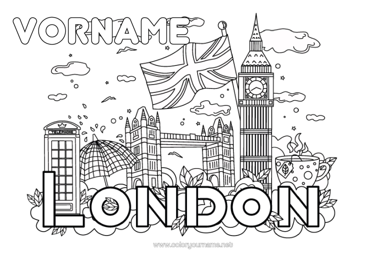 Malvorlage zum Ausdrucken Regenschirm London Vereinigtes Königreich Tee Getränk Denkmal Turmbrücke