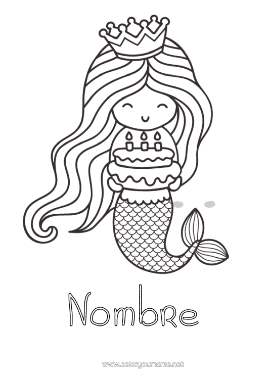 Dibujo para colorear para imprimir Cumpleaños Princesa Corona Sirena Pastel De Cumpleaños