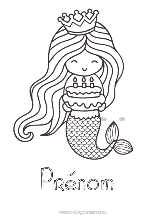 Coloriage à imprimer Anniversaire Princesse Couronne Sirène Gâteau D’anniversaire