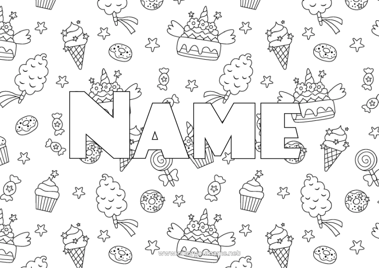 Colouring page to print Sweets Doughnuts Treats, Sweets Ice Cream Fairy Cake Decorative Background