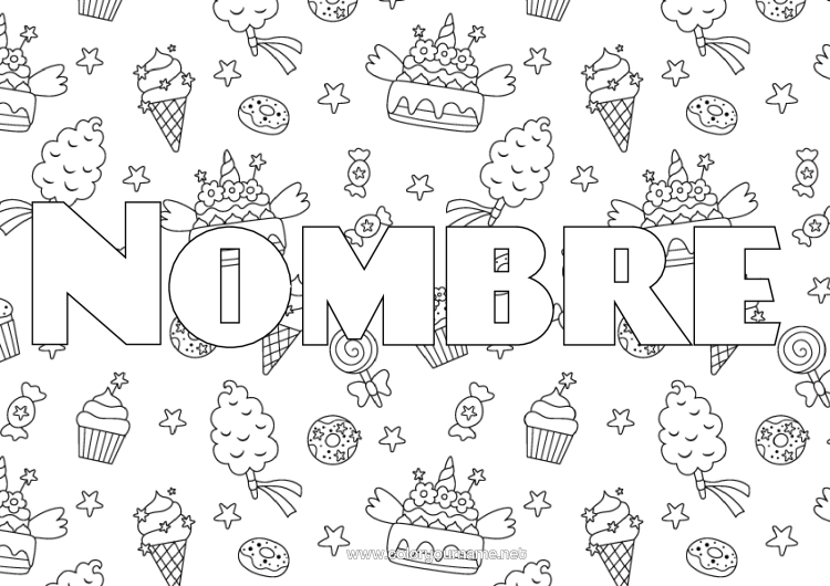 Dibujo para colorear para imprimir Caramelos Donuts Golosinas Helado Magdalena Fondo Decorativo